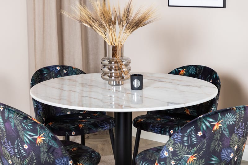 Ruokailuryhmä Netanya 106 cm Pyöreä Marmori 4 Longreone Tuol - Valkoinen/Musta/Sininen - Huonekalut - Pöytä & ruokailuryhmä - Ruokailuryhmä