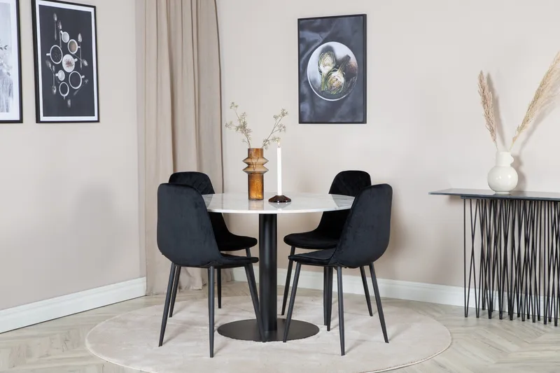 Ruokailuryhmä Netanya 106 cm Pyöreä 4 Yegua tuolia - Marmori/Valkoinen/Musta - Huonekalut - Pöytä & ruokailuryhmä - Ruokailuryhmä