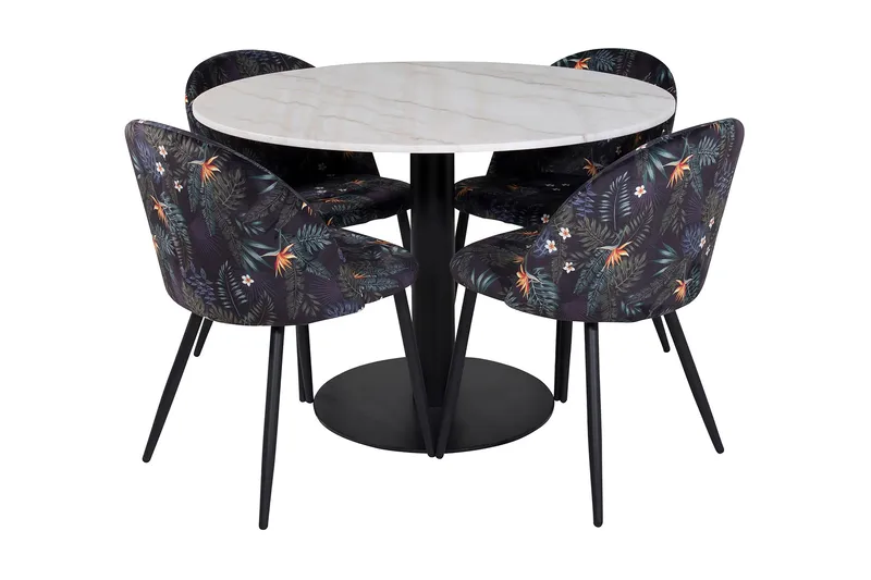 Ruokailuryhmä Netanya 106 cm Pyöreä Marmori 4 Longreone Tuol, Valkoinen/Musta/Sininen