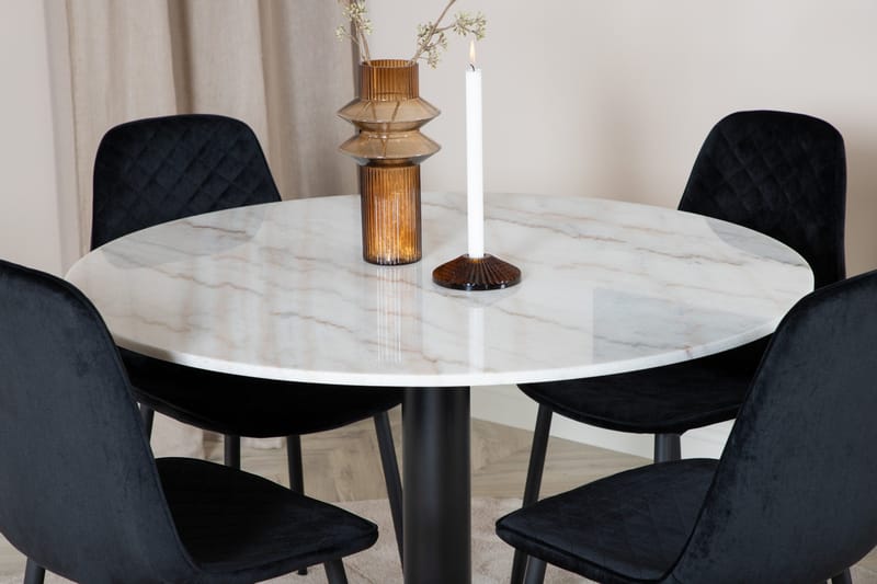 Ruokailuryhmä Netanya 106 cm Pyöreä 4 Yegua tuolia - Marmori/Valkoinen/Musta - Huonekalut - Pöytä & ruokailuryhmä - Ruokailuryhmä