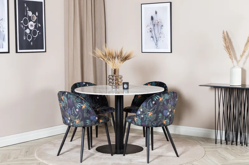 Ruokailuryhmä Netanya 106 cm Pyöreä Marmori 4 Longreone Tuol - Valkoinen/Musta/Sininen - Huonekalut - Pöytä & ruokailuryhmä - Ruokailuryhmä