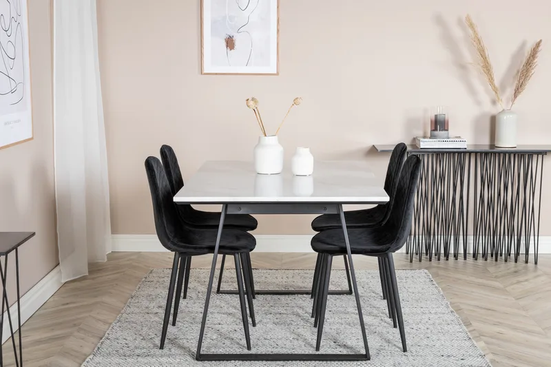 Ruokailuryhmä Netanya 140 cm 4 Yegua tuolia - Marmori/Valkoinen/Musta - Huonekalut - Pöytä & ruokailuryhmä - Ruokailuryhmä