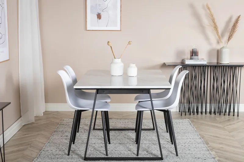 Ruokailuryhmä Netanya 140 cm 4 Yegua tuolia - Marmori/Valkoinen/Musta - Huonekalut - Pöytä & ruokailuryhmä - Ruokailuryhmä