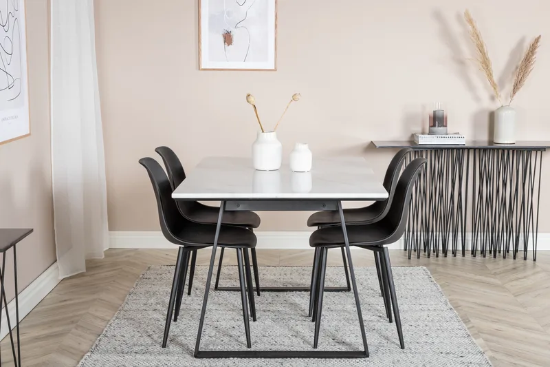 Ruokailuryhmä Netanya 140 cm 4 Yegua tuolia - Marmori/Valkoinen/Musta - Huonekalut - Pöytä & ruokailuryhmä - Ruokailuryhmä