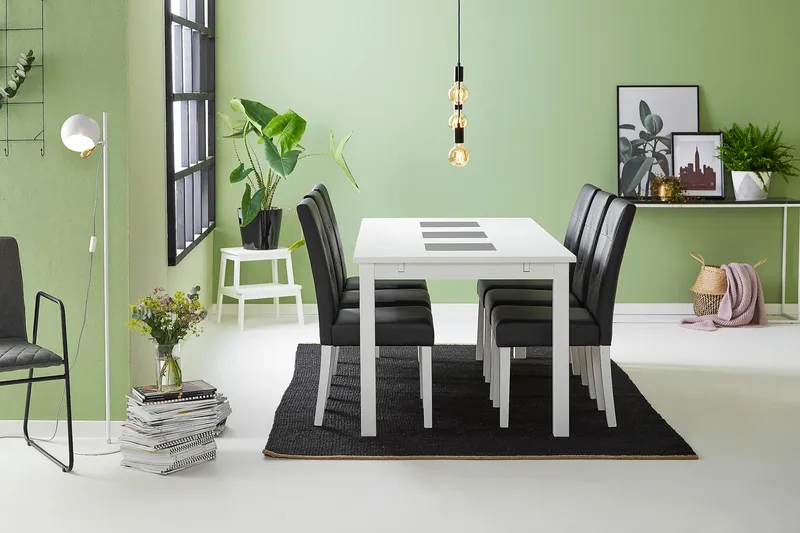 Ruokailuryhmä Octavia 180 cm Jatkettava 6 Leo tuolia - Valkoinen/Musta - Huonekalut - Pöytä & ruokailuryhmä - Ruokailuryhmä