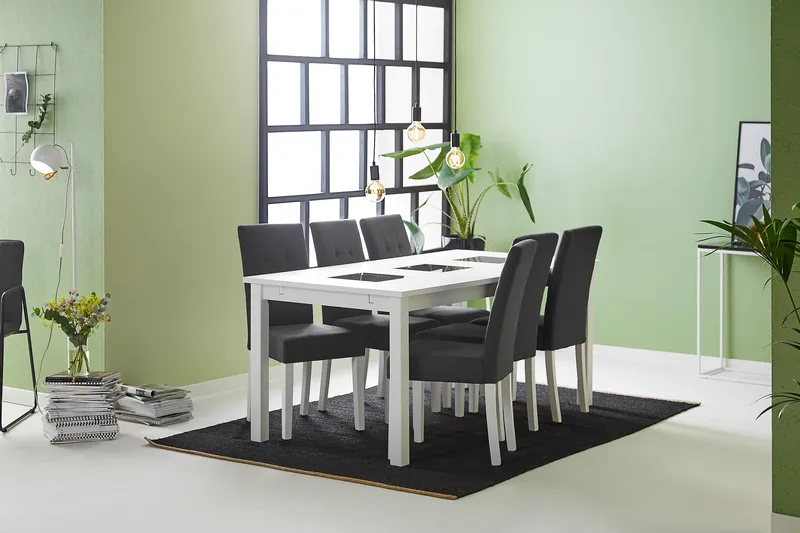 Ruokailuryhmä Octavia 180 cm Jatkettava 6 Leo tuolia - Valkoinen/Tummanharmaa - Huonekalut - Pöytä & ruokailuryhmä - Ruokailuryhmä