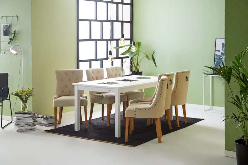 Ruokailuryhmä Octavia 180 cm Jatkettava 6 Ophelia tuolia - Beige/Vintage jalka - Huonekalut - Pöytä & ruokailuryhmä - Ruokailuryhmä