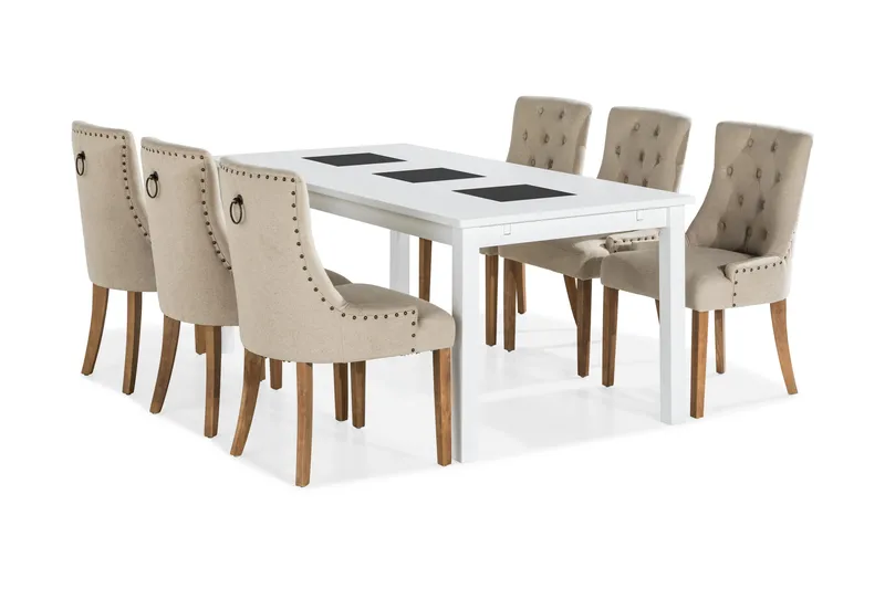 Ruokailuryhmä Octavia 180 cm Jatkettava 6 Ophelia tuolia, Beige/Vintage jalka