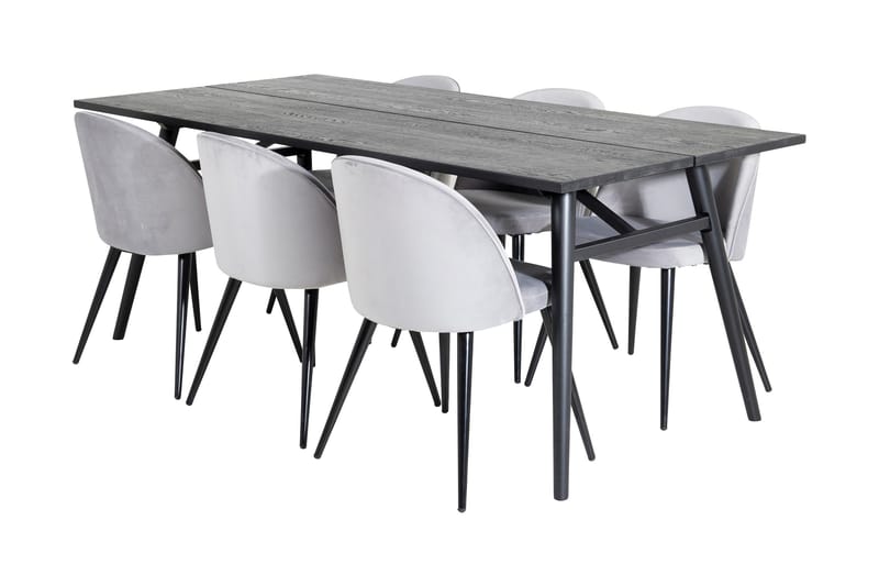 Ruokailuryhmä Sediza 195 cm 6 Luisa samettituolia, Musta/Vaaleanharmaa