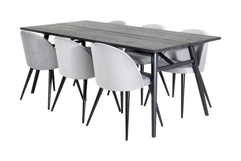 Ruokailuryhmä Sediza 195 cm 6 Luisa samettituolia, Musta/Vaaleanharmaa