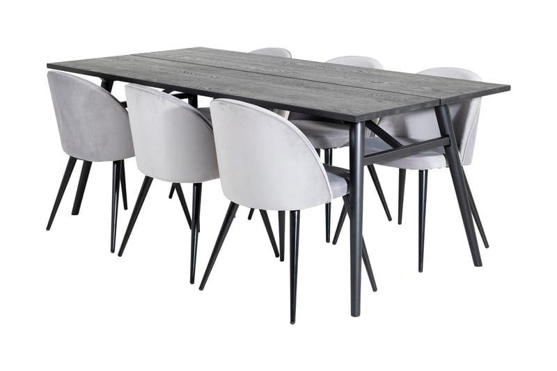 Ruokailuryhmä Sediza 195 cm 6 Luisa samettituolia, Musta/Vaaleanharmaa