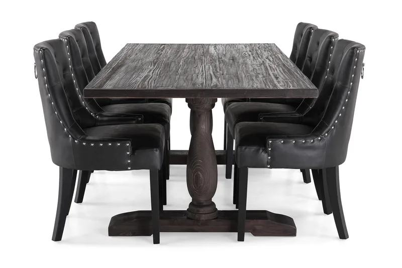 Ruokailuryhmä Suzon 200 cm 6 Hermione tuolia - Vintage puu/Musta PU - Huonekalut - Pöytä & ruokailuryhmä - Ruokailuryhmä