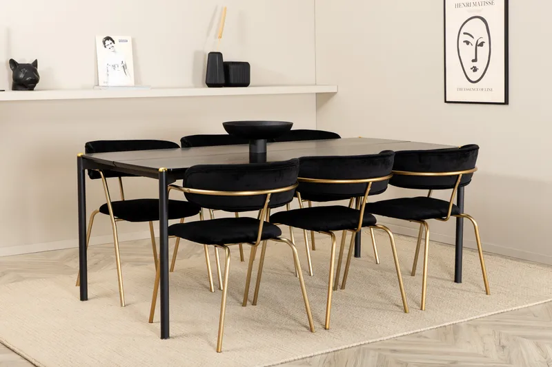 Ruokailuryhmä Trym 190 cm sis 6 Ayacor Karmtuolia, Musta/Messinki