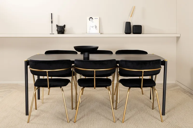 Ruokailuryhmä Trym 190 cm sis 6 Ayacor Karmtuolia - Musta/Messinki - Huonekalut - Pöytä & ruokailuryhmä - Ruokailuryhmä