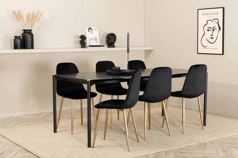 Ruokailuryhmä Trym 190 cm sis 6 Tommy samettituolia, Musta/Messinki