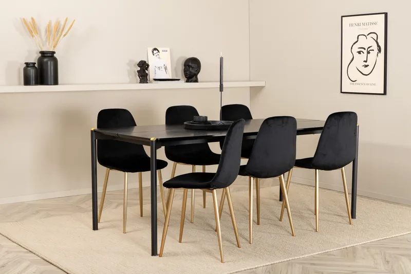 Ruokailuryhmä Trym 190 cm sis 6 Tommy samettituolia, Musta/Messinki
