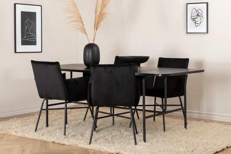 Ruokailuryhmä Unnao 200 cm sis 4 Pipaon tuolia, Musta