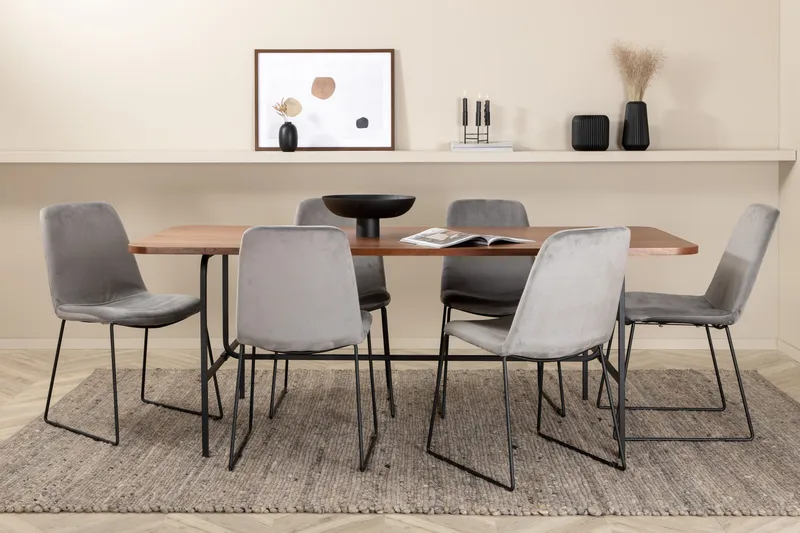 Ruokailuryhmä Unnao 200 cm sis 6 Allepuz tuolia - Pähkinänruskea/Musta/Harmaa - Huonekalut - Pöytä & ruokailuryhmä - Ruokailuryhmä