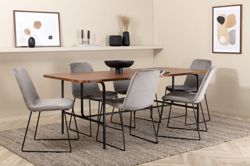 Ruokailuryhmä Unnao 200 cm sis 6 Allepuz tuolia, Pähkinänruskea/Musta/Harmaa