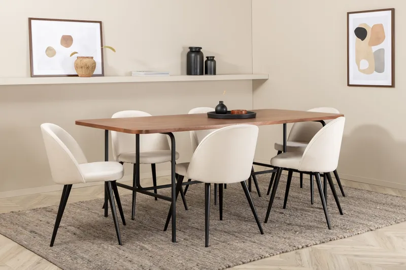 Ruokailuryhmä Unnao 200 cm sis 6 Chantor vakosamettituolia, Pähkinänruskea/Musta/Beige