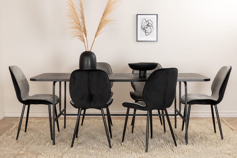 Ruokailuryhmä Unnao 200 cm sis 6 Emmen tuolia - Musta/Vaaleanharmaa - Huonekalut - Pöytä & ruokailuryhmä - Ruokailuryhmä