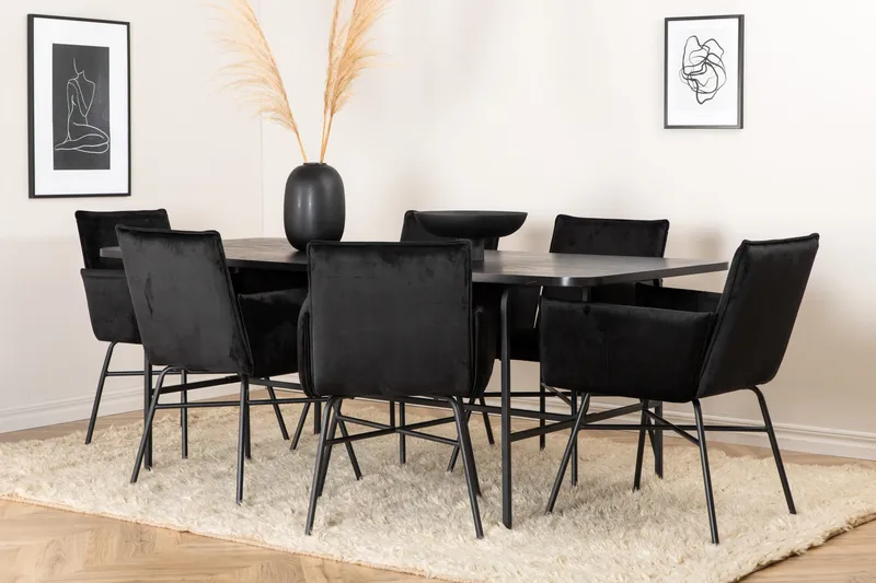 Ruokailuryhmä Unnao 200 cm sis 6 Pipaon tuolia, Musta