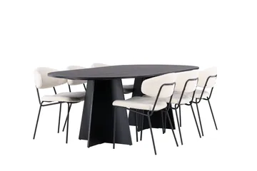 Ruokailuryhmä Venture Home Bootcut-ovaali ruokapöytä - musta / musta viilutettu +Chico-ruokatuoli - musta / valkoinen bouclé _6 Musta - Huonekalut - Pöytä & ruokailuryhmä - Ruokailuryhmä