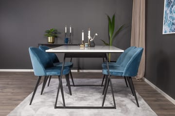 Ruokailuryhmä Venture Home Estelle-ruokailuryhmä 140 cm, suorakaiteen muotoinen, 4 Velvet-tuolia Musta/sininen/valkoinen - Huonekalut - Pöytä & ruokailuryhmä - Ruokailuryhmä