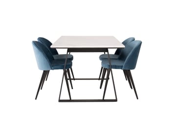 Ruokailuryhmä Venture Home Estelle-ruokailuryhmä 140 cm, suorakaiteen muotoinen, 4 Velvet-tuolia Musta/sininen/valkoinen - Huonekalut - Pöytä & ruokailuryhmä - Ruokailuryhmä
