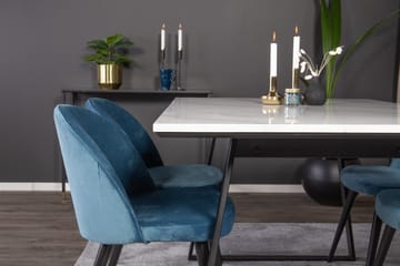 Ruokailuryhmä Venture Home Estelle-ruokailuryhmä 140 cm, suorakaiteen muotoinen, 4 Velvet-tuolia Musta/sininen/valkoinen - Huonekalut - Pöytä & ruokailuryhmä - Ruokailuryhmä