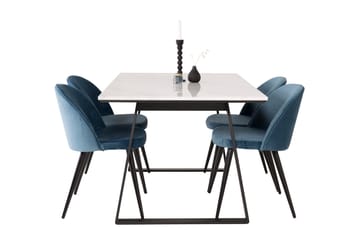 Ruokailuryhmä Venture Home Estelle-ruokailuryhmä 140 cm, suorakaiteen muotoinen, 4 Velvet-tuolia Musta/sininen/valkoinen - Huonekalut - Pöytä & ruokailuryhmä - Ruokailuryhmä