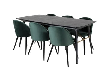 Ruokailuryhmä Venture Home Gold-ruokailuryhmä, jatkettava, 180–220 cm, suorakaiteen muotoinen, 6 Velvet-tuolia Musta/Vihreä - Huonekalut - Pöytä & ruokailuryhmä - Ruokailuryhmä
