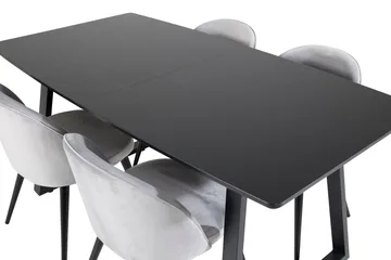 Ruokailuryhmä Venture Home Inca-jatkettava ruokailuryhmä 160 cm suorakaiteen muotoinen, sisältää 4 Velvet-tuolia Musta/Vaaleanharmaa - Huonekalut - Pöytä & ruokailuryhmä - Ruokailuryhmä