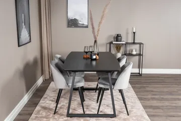 Ruokailuryhmä Venture Home Inca-jatkettava ruokailuryhmä 160 cm suorakaiteen muotoinen, sisältää 4 Velvet-tuolia Musta/Vaaleanharmaa - Huonekalut - Pöytä & ruokailuryhmä - Ruokailuryhmä