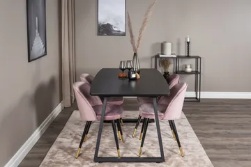 Ruokailuryhmä Venture Home Inca-jatkettava ruokailuryhmä 160 cm suorakaiteen muotoinen, sisältää 4 Velvet-tuolia Musta/vaaleanpunainen - Huonekalut - Pöytä & ruokailuryhmä - Ruokailuryhmä