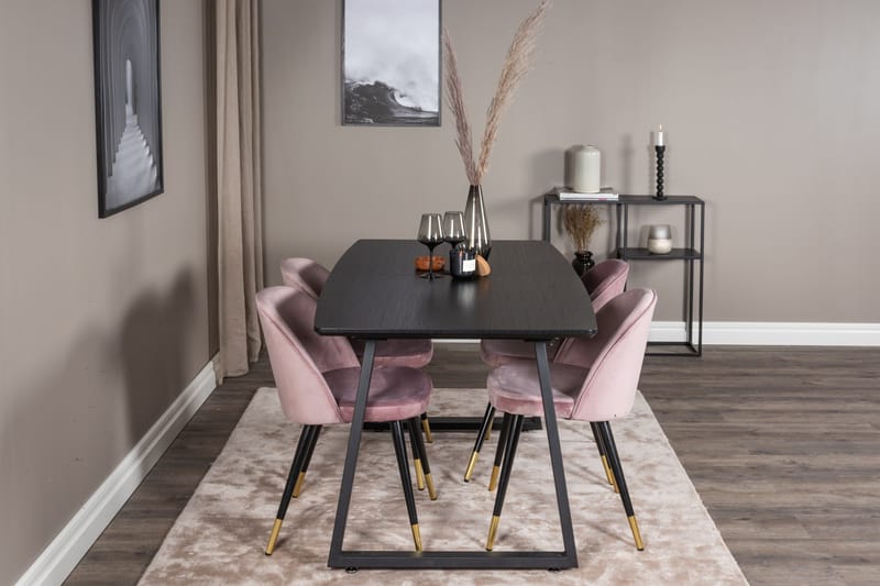 Ruokailuryhmä Venture Home Inca-jatkettava ruokailuryhmä 160 cm suorakaiteen muotoinen, sisältää 4 Velvet-tuolia Musta/vaaleanpunainen - Huonekalut - Pöytä & ruokailuryhmä - Ruokailuryhmä