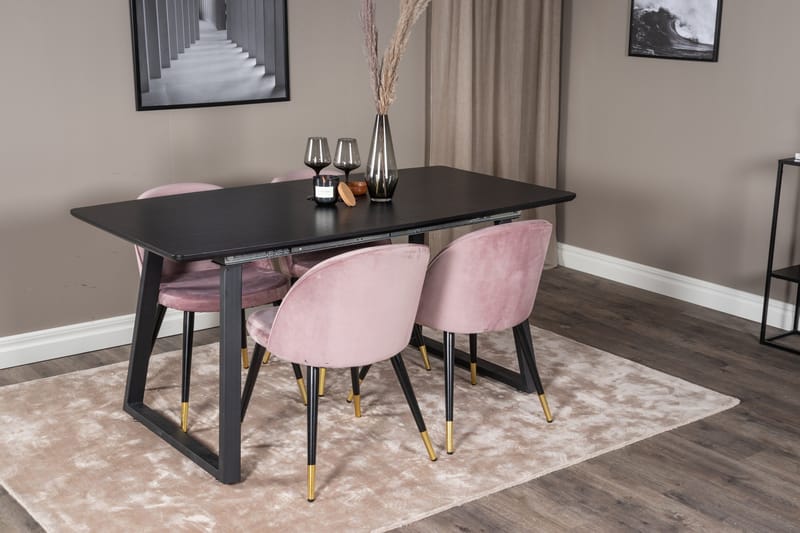 Ruokailuryhmä Venture Home Inca-jatkettava ruokailuryhmä 160 cm suorakaiteen muotoinen, sisältää 4 Velvet-tuolia Musta/vaaleanpunainen - Huonekalut - Pöytä & ruokailuryhmä - Ruokailuryhmä