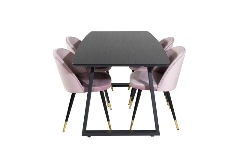 Ruokailuryhmä Venture Home Inca-jatkettava ruokailuryhmä 160 cm suorakaiteen muotoinen, sisältää 4 Velvet-tuolia Musta/vaaleanpunainen