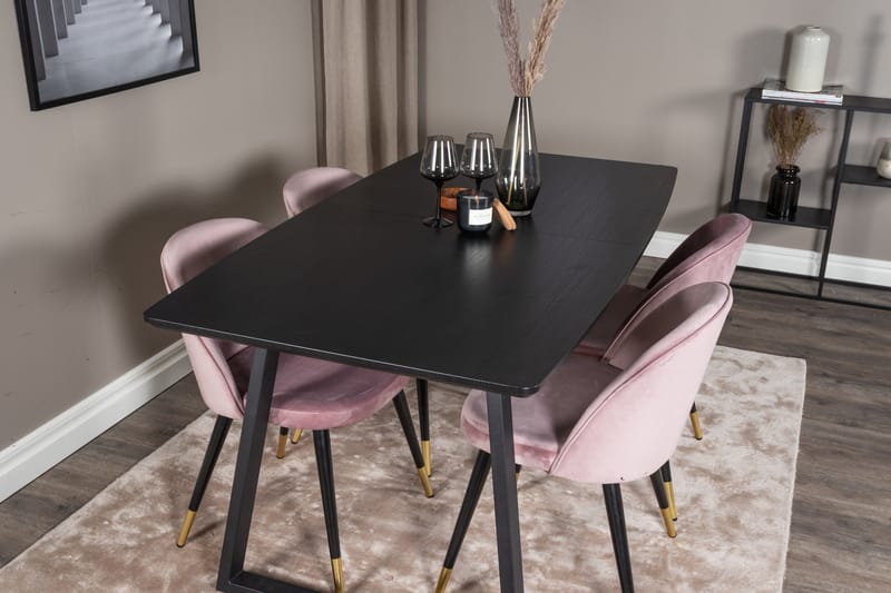 Ruokailuryhmä Venture Home Inca-jatkettava ruokailuryhmä 160 cm suorakaiteen muotoinen, sisältää 4 Velvet-tuolia Musta/vaaleanpunainen - Huonekalut - Pöytä & ruokailuryhmä - Ruokailuryhmä