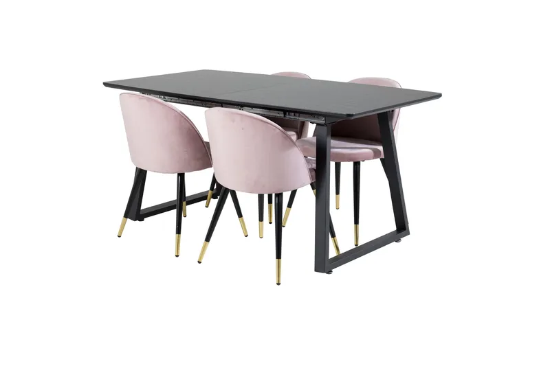 Ruokailuryhmä Venture Home Inca-jatkettava ruokailuryhmä 160 cm suorakaiteen muotoinen, sisältää 4 Velvet-tuolia Musta/vaaleanpunainen - Huonekalut - Pöytä & ruokailuryhmä - Ruokailuryhmä