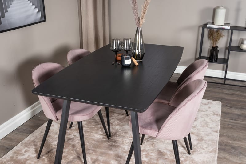 Ruokailuryhmä Venture Home Inca-jatkettava ruokailuryhmä 160 cm suorakaiteen muotoinen, sisältää 4 Velvet-tuolia Musta/vaaleanpunainen2 - Huonekalut - Pöytä & ruokailuryhmä - Ruokailuryhmä
