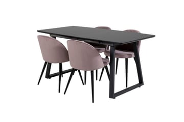 Ruokailuryhmä Venture Home Inca-jatkettava ruokailuryhmä 160 cm suorakaiteen muotoinen, sisältää 4 Velvet-tuolia Musta/vaaleanpunainen2 - Huonekalut - Pöytä & ruokailuryhmä - Ruokailuryhmä