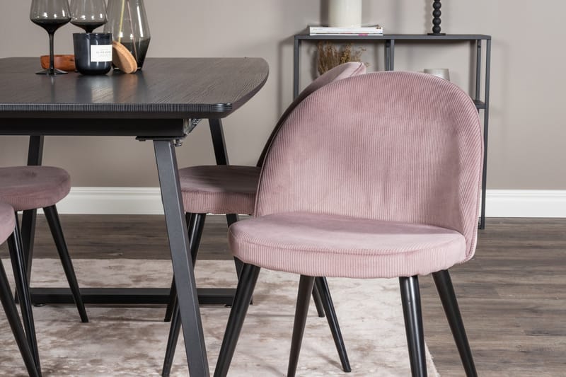 Ruokailuryhmä Venture Home Inca-jatkettava ruokailuryhmä 160 cm suorakaiteen muotoinen, sisältää 4 Velvet-tuolia Musta/vaaleanpunainen2 - Huonekalut - Pöytä & ruokailuryhmä - Ruokailuryhmä