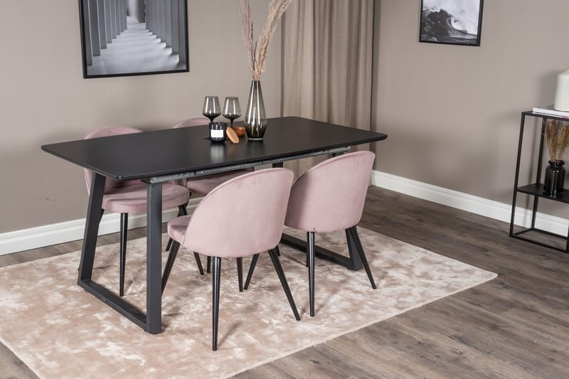 Ruokailuryhmä Venture Home Inca-jatkettava ruokailuryhmä 160 cm suorakaiteen muotoinen, sisältää 4 Velvet-tuolia Musta/vaaleanpunainen2 - Huonekalut - Pöytä & ruokailuryhmä - Ruokailuryhmä
