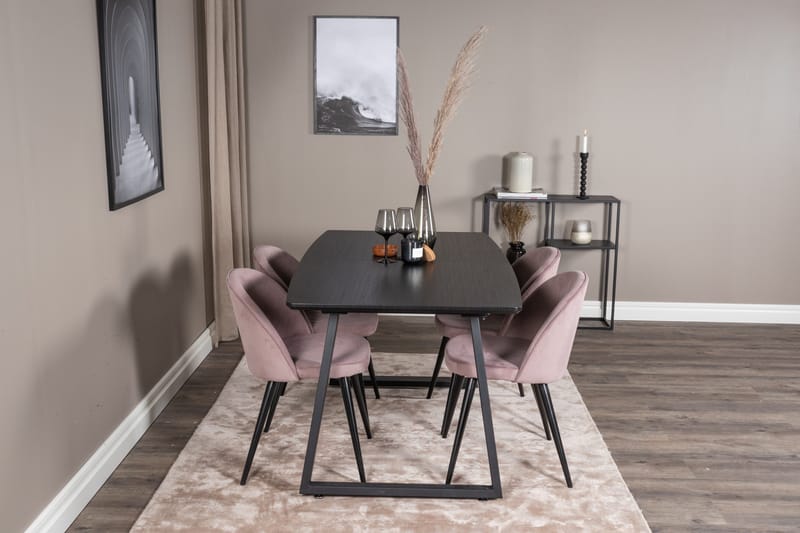 Ruokailuryhmä Venture Home Inca-jatkettava ruokailuryhmä 160 cm suorakaiteen muotoinen, sisältää 4 Velvet-tuolia Musta/vaaleanpunainen2 - Huonekalut - Pöytä & ruokailuryhmä - Ruokailuryhmä