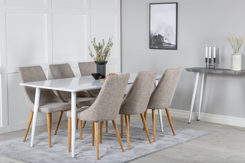 Ruokailuryhmä Yegua 180 cm 6 Vemund tuolia - Valkoinen/Vaaleanharmaa/Tammi - Huonekalut - Pöytä & ruokailuryhmä - Ruokailuryhmä