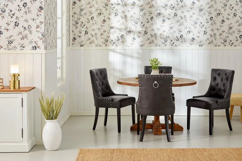 Ruokailuryhmä Yorkshire 120 cm Pyöreä 4 Hermione tuolia - Puu/Musta PU - Huonekalut - Pöytä & ruokailuryhmä - Ruokailuryhmä