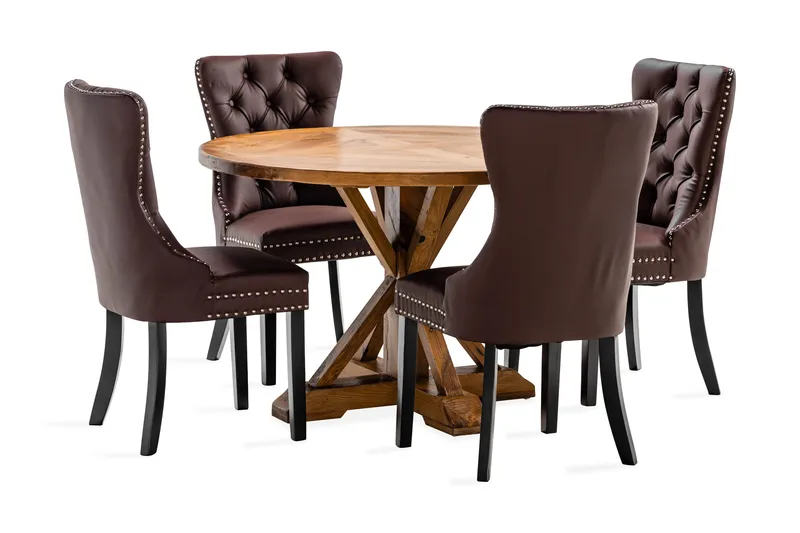 Ruokailuryhmä Yorkshire 120 cm Pyöreä 4 Lossmen tuolia Keino - Ruskea - Huonekalut - Pöytä & ruokailuryhmä - Ruokailuryhmä