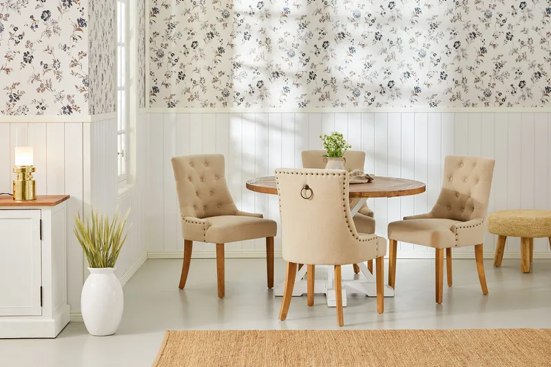 Ruokailuryhmä Yorkshire 120 cm Pyöreä 4 Ophelia tuolia - Puu/Valkoinen/Beige - Huonekalut - Pöytä & ruokailuryhmä - Ruokailuryhmä