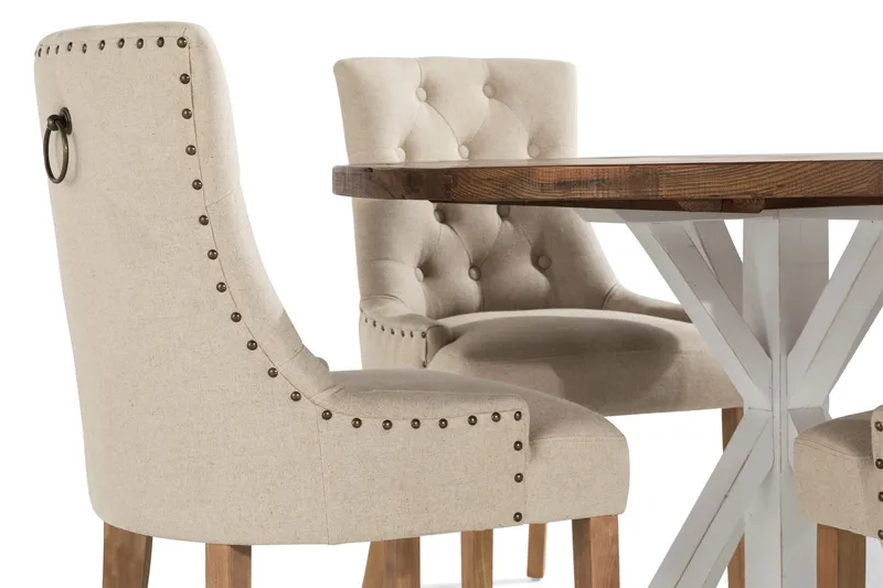 Ruokailuryhmä Yorkshire 120 cm Pyöreä 4 Ophelia tuolia - Puu/Valkoinen/Beige - Huonekalut - Pöytä & ruokailuryhmä - Ruokailuryhmä